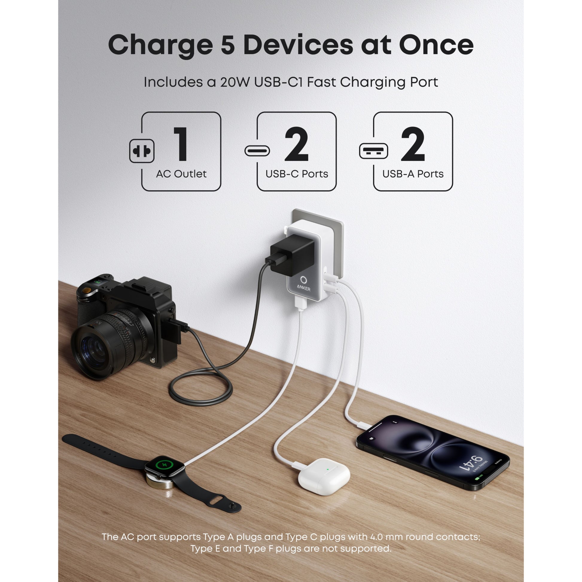 Anker Nano Travel Adapter 5-i-1 20W USB-A, USB-C og AC-stik oplader op til fem enheder kamera, mobil, ur, earbuds.