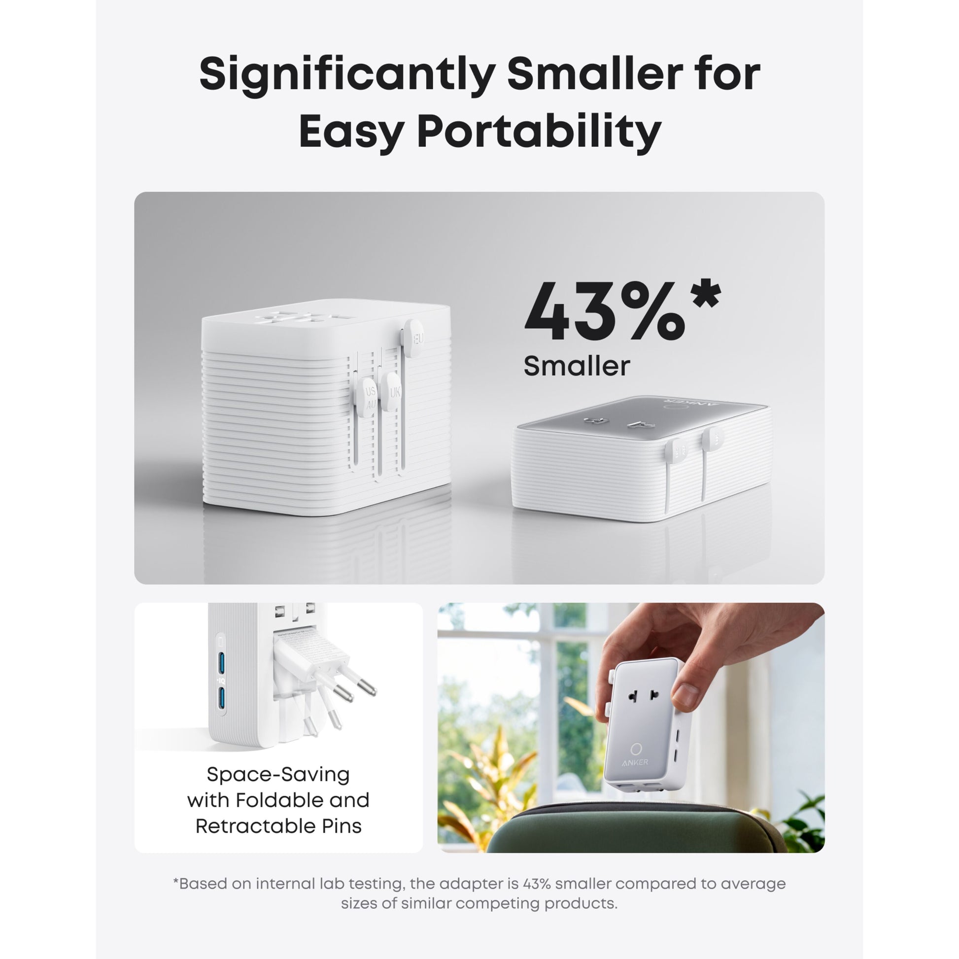 Anker Nano Travel Adapter 5-i-1 20W hvid med foldbare stikben, kompakt størrelse vises i hånden, 43 mindre.