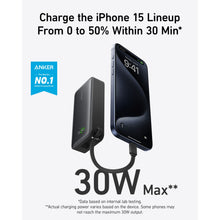 Anker Nano Powerbank 30W 10000mAh oplader iPhone 15 fra 0 til 50  på 30 min, sort design, USB-C port.