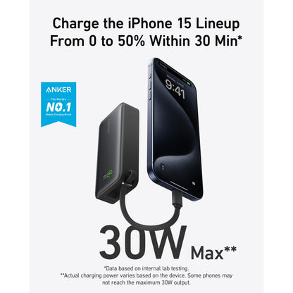 Anker Nano Powerbank 30W 10000mAh oplader iPhone 15 fra 0 til 50  på 30 min, sort design, USB-C port.