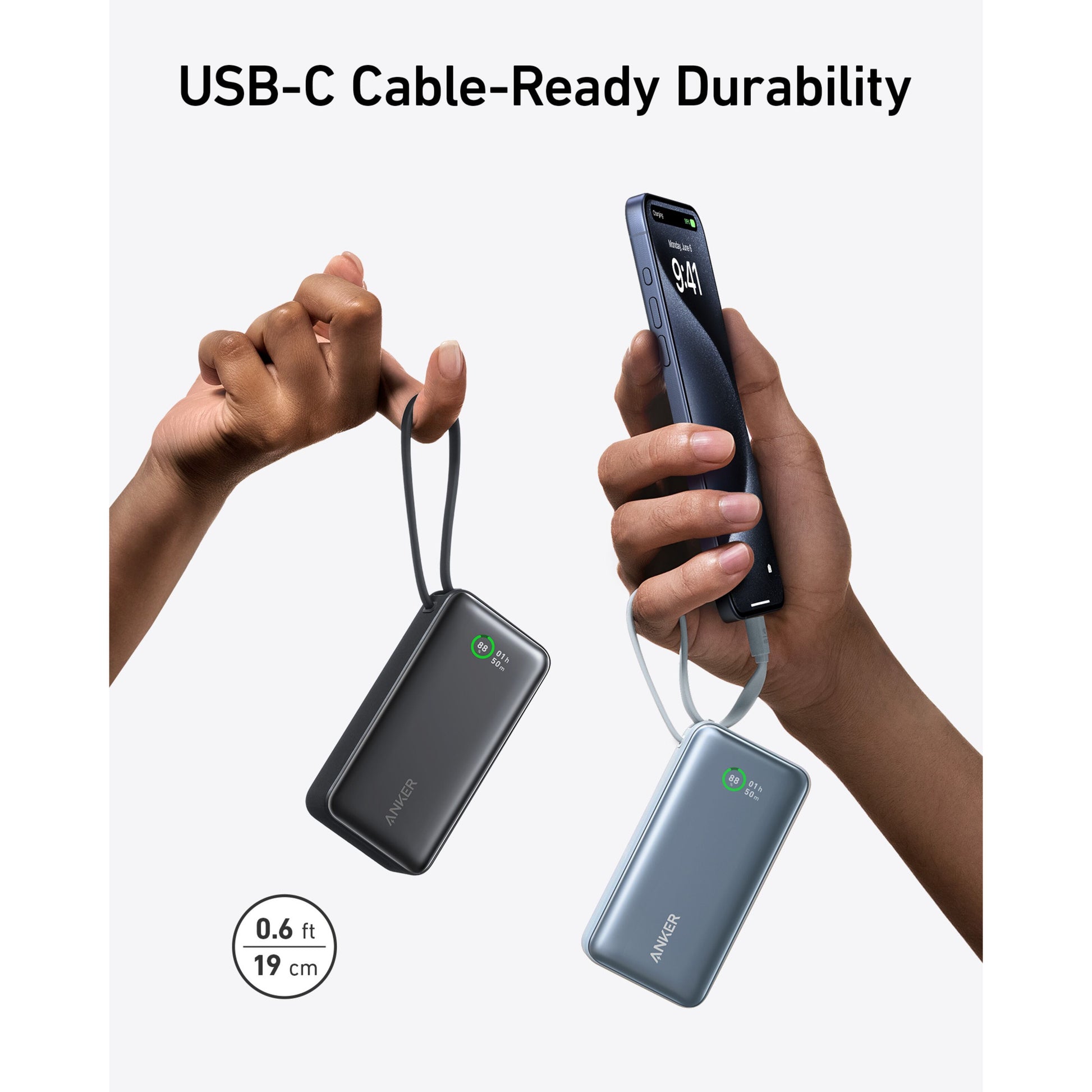 Anker Nano Powerbank 30W 10000mAh sort tilsluttet til smartphones via 19 cm USB-C kabel, tekst: USB-C kabel-klar Holdbarhed.
