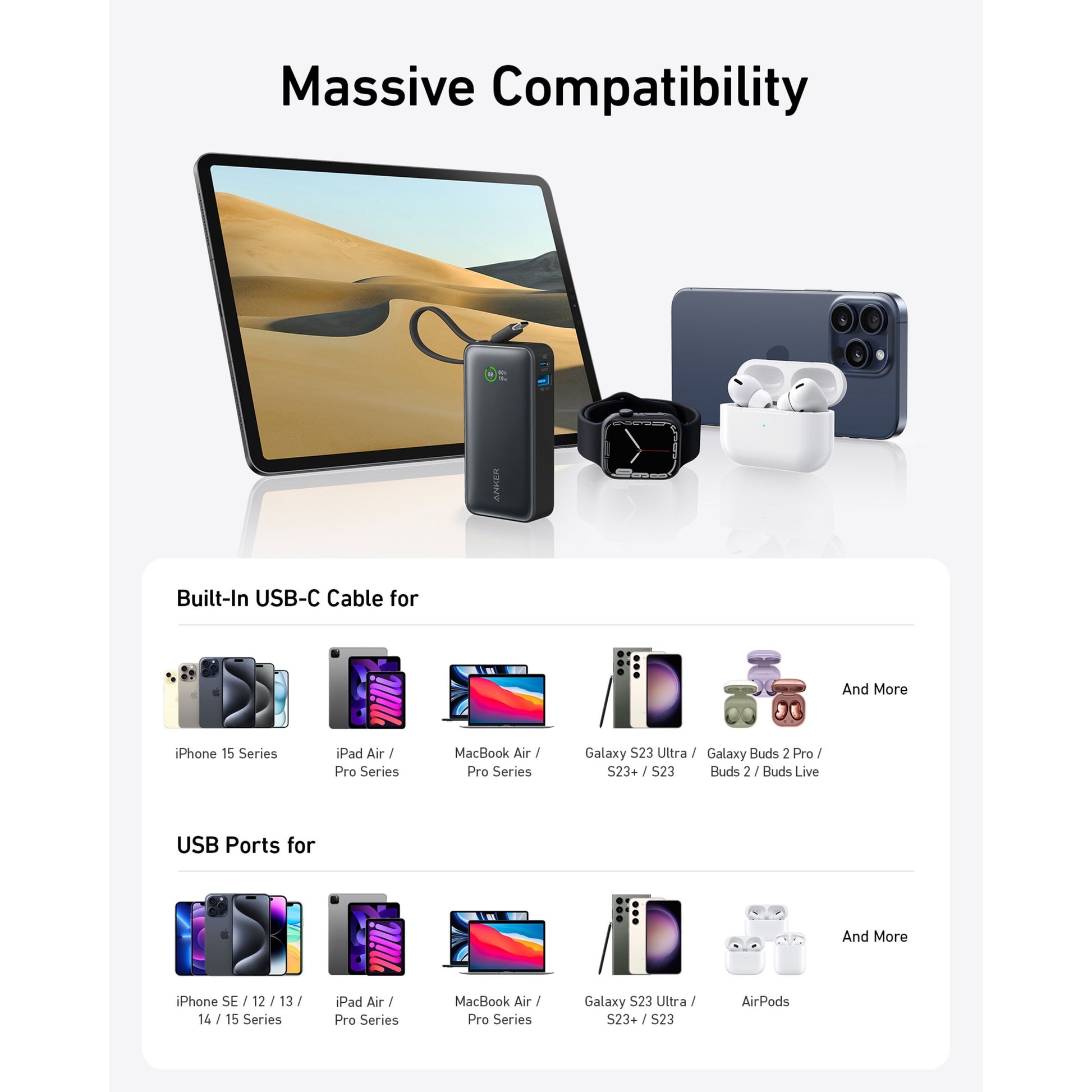Anker Nano Powerbank 30W 10000mAh sort med indbygget USB-C kabel og USB port vises sammen med tablet, mobil, ur, earbuds.
