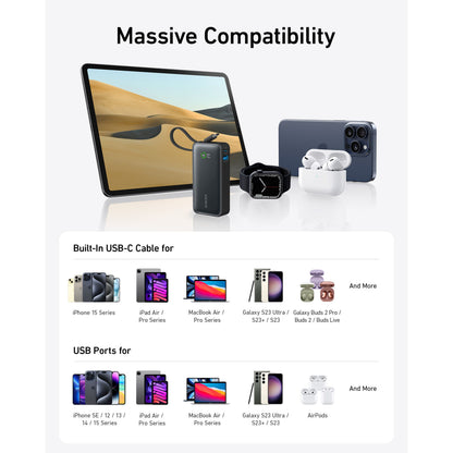 Anker Nano Powerbank 30W 10000mAh sort med indbygget USB-C kabel og USB port vises sammen med tablet, mobil, ur, earbuds.