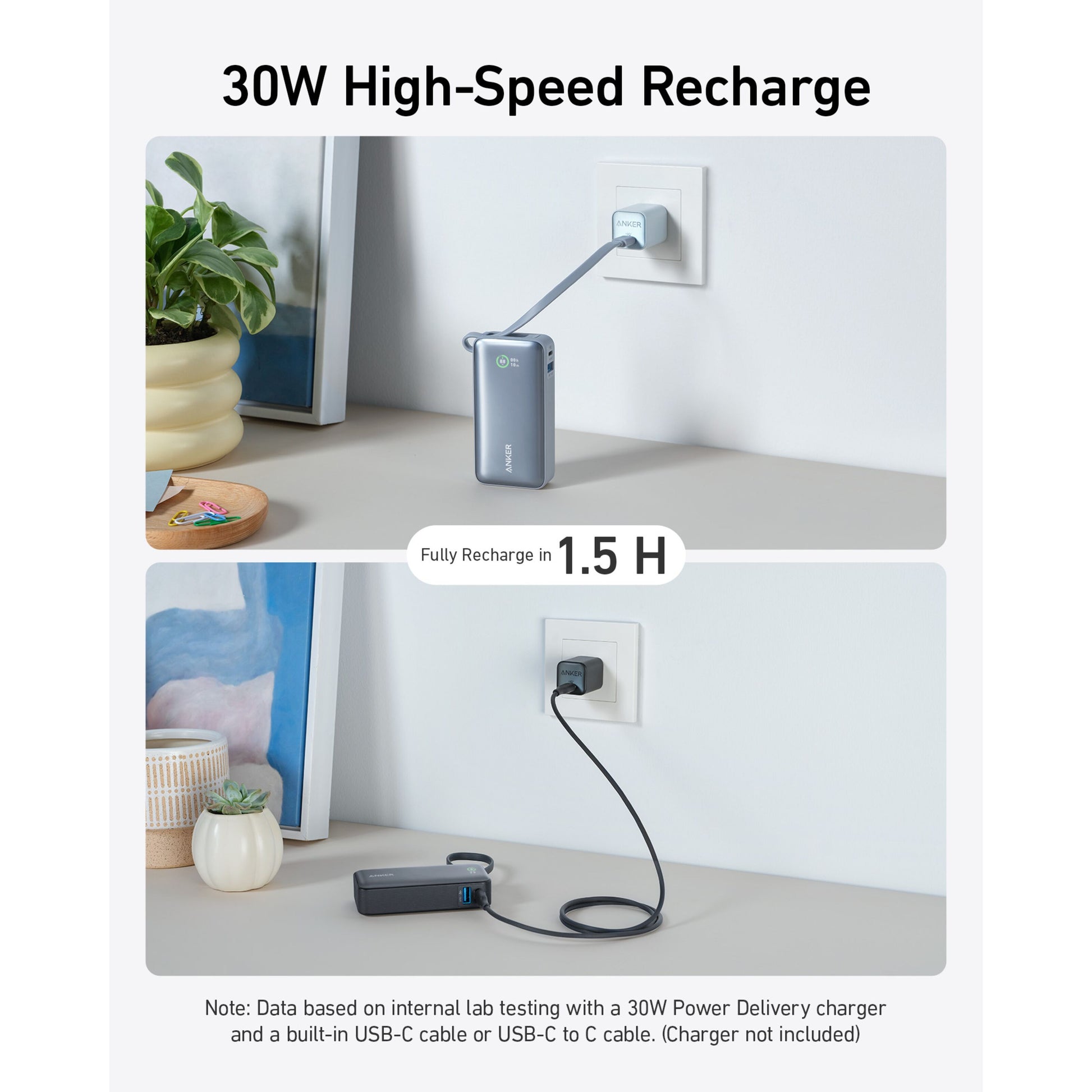 Anker Nano Powerbank 30W 10000mAh sort oplades via USB-C til C og USB-A til C, tekst viser hurtig opladning 1,5 gang.