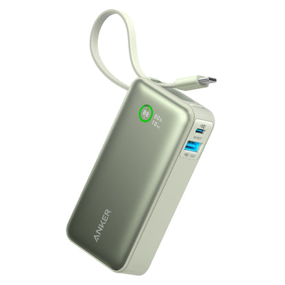 Anker Nano Powerbank grøn 30W 10000mAh digitalt display USB-C PD flere porte integreret USB-C opladerkabel.