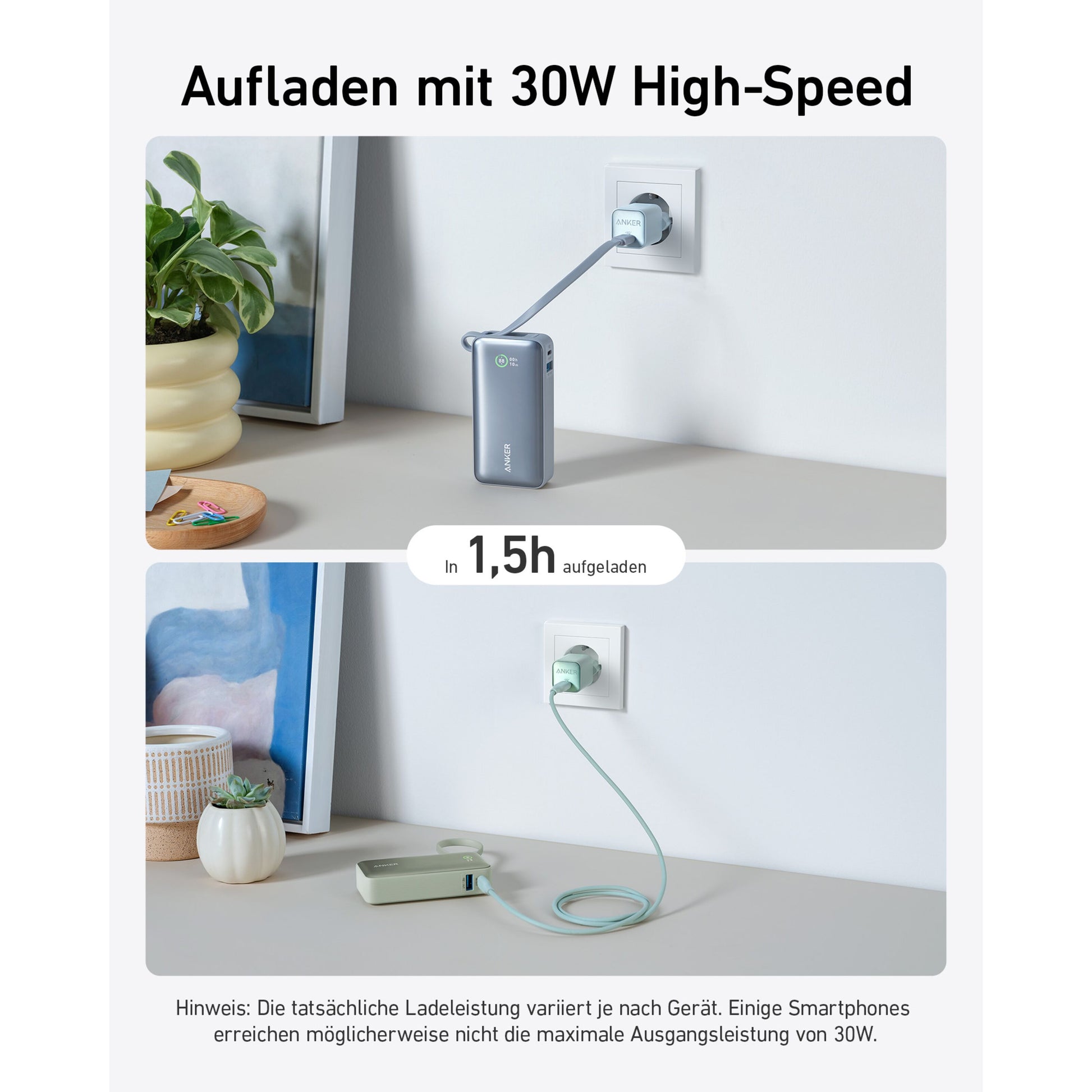 Anker Nano Powerbank grøn 30W 10000mAh, oplades via USB-C PD på 1,5 timer, kan oplade andre enheder.