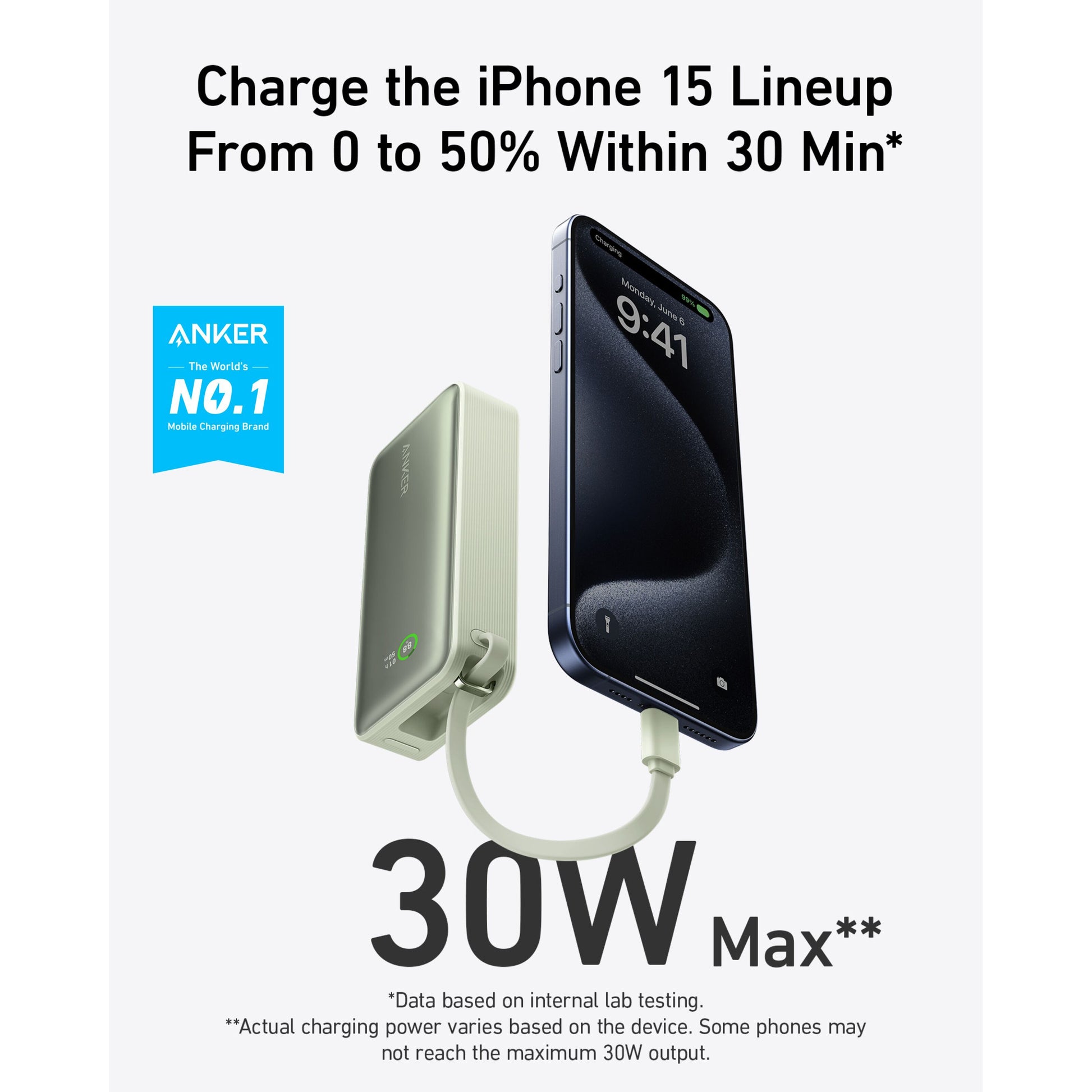 Anker Nano Powerbank 30W 10000mAh grøn USB-C PD, oplader iPhone 15 fra 0-50 på 30 min, kompakt bærbar powerbank.