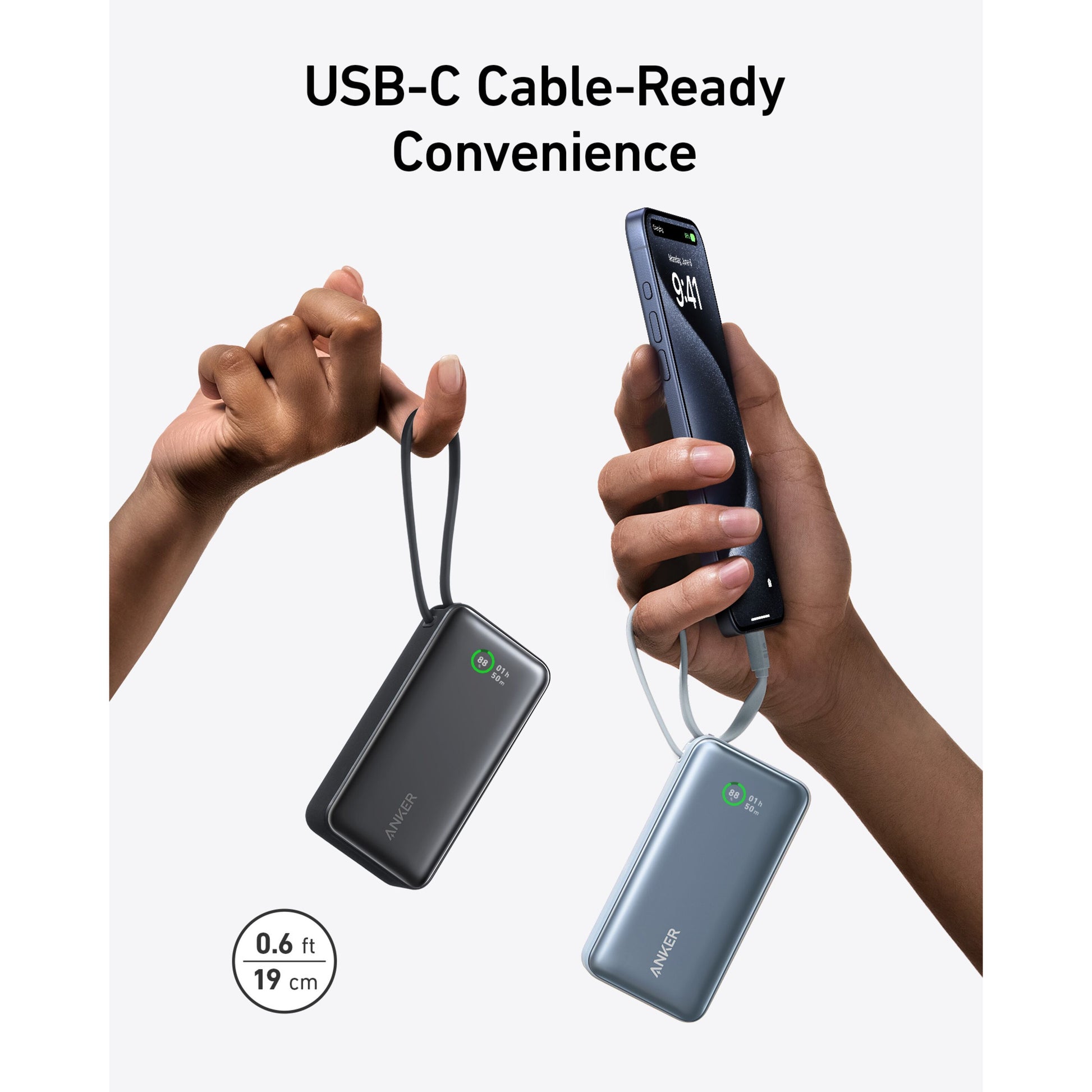 Anker Nano Powerbank grøn 30W 10000mAh med kort strop og USB-C kabel, tekst: USB-C Cable-Ready Convenience, 0,6 ft/19 cm.