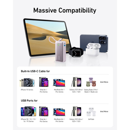 Anker Nano Powerbank 30W 10000mAh grøn med USB-C PD vises sammen med tablet, smartphone, ørepropper og smartwatch.