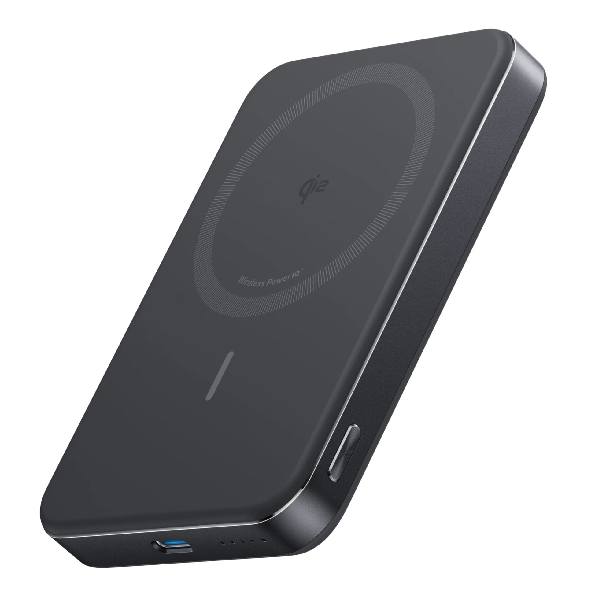 Anker MagGo Powerbank Slim 10000mAh sort MagSafe, afrundede kanter, rund opladeindikator, sideknap, blå USB-port nederst.