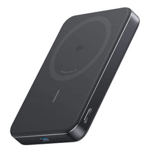Anker MagGo Powerbank Slim 10000mAh sort MagSafe, afrundede kanter, rund opladeindikator, sideknap, blå USB-port nederst.
