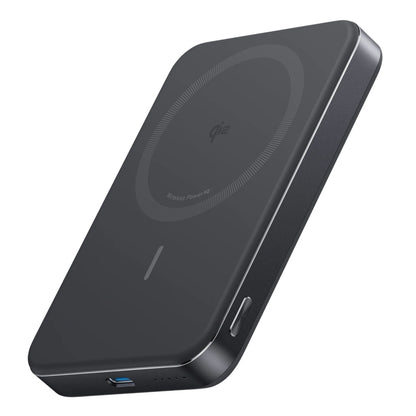 Anker MagGo Powerbank Slim 10000mAh sort MagSafe, afrundede kanter, rund opladeindikator, sideknap, blå USB-port nederst.
