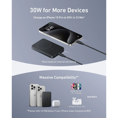 Anker MagGo Powerbank Slim 10000mAh med MagSafe hurtig opladning til iPhone 15 Pro, andre iPhones og AirPods.