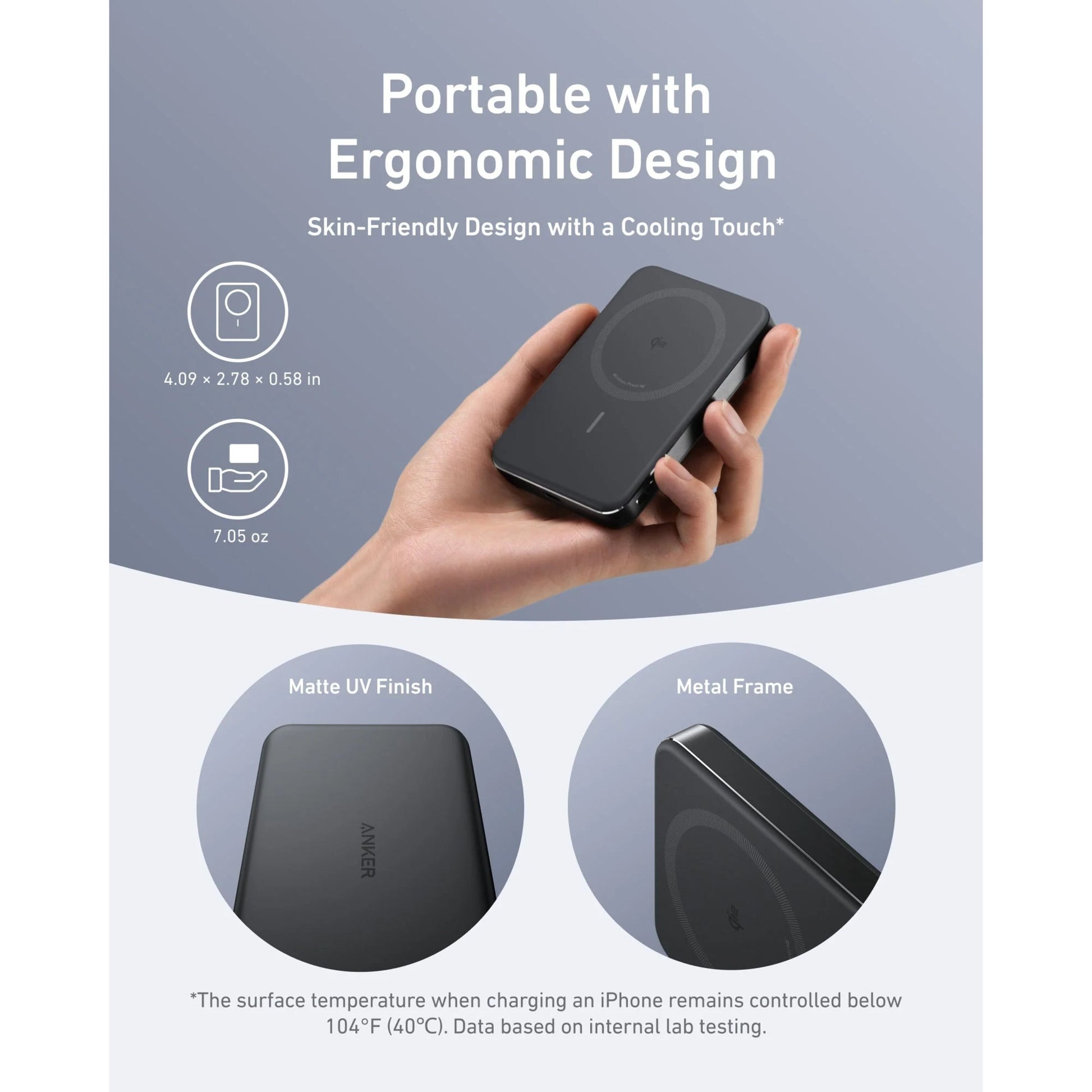 Anker MagGo Powerbank Slim 10000mAh sort, cirkulær opladeflade, metalramme, mat UV-finish, vægt 200g.
