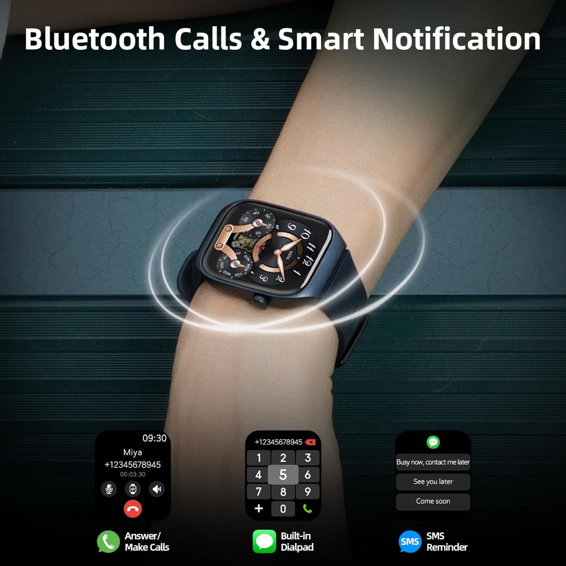 Mibro Se T2 smartur guld på håndled med AMOLED-skærm, analog urskive, Bluetooth-opkald og smarte notifikationer.