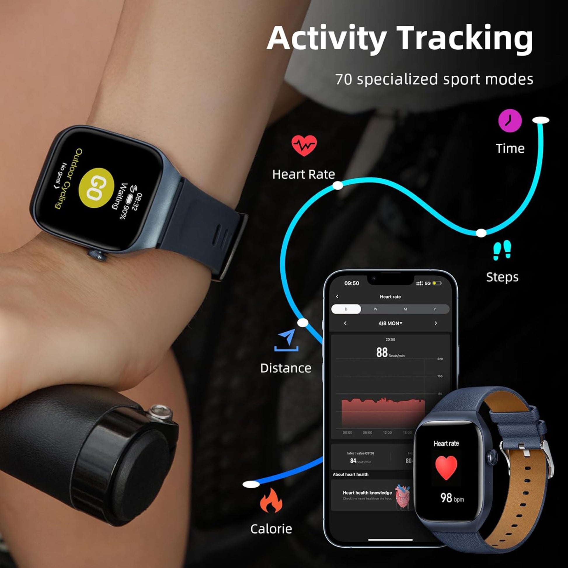 Mibro Se T2 smartur Guld vises på håndled med aktivitetsdata og tekst "Activity Tracking" på ur- og telefonskærm.
