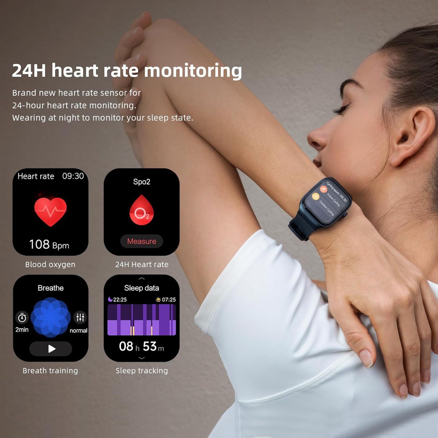 Mibro Se T2 smartur Guld med AMOLED-skærm viser puls 108 bpm, iltmætning, vejrtræning og søvntracking.