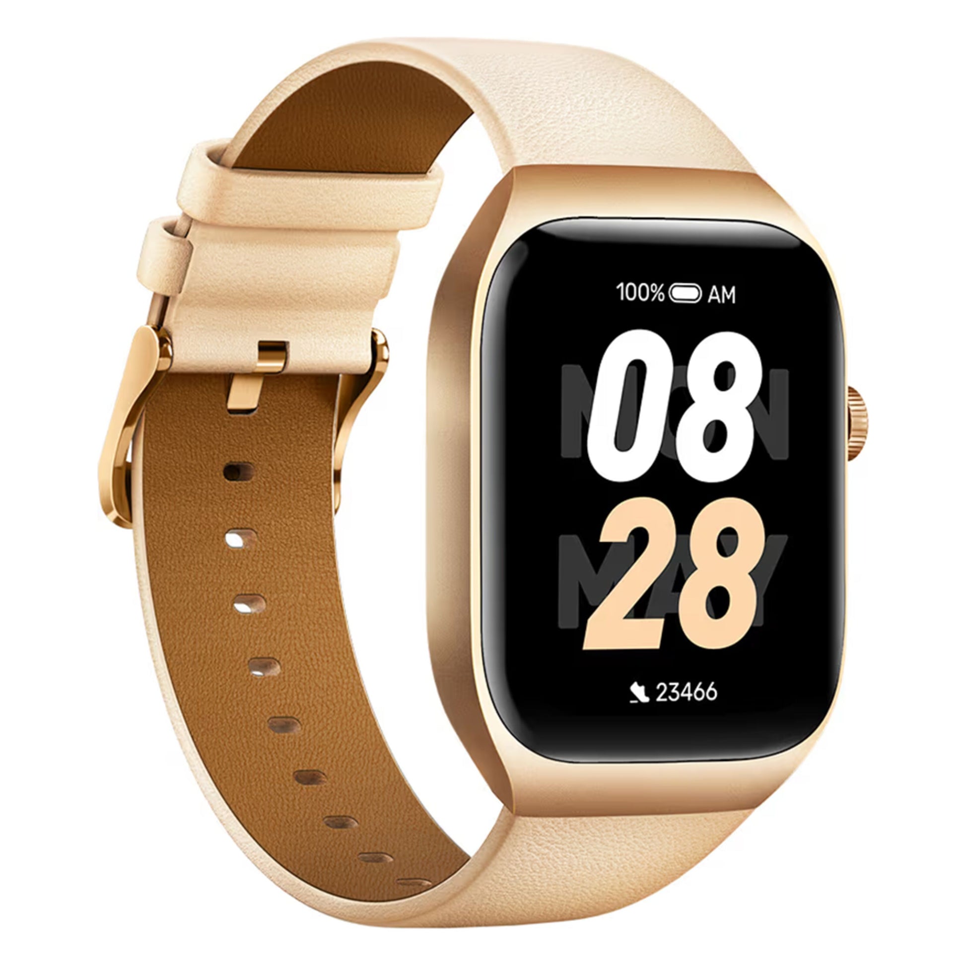 Mibro Se T2 smartur guld med beige læderrem, AMOLED-skærm viser klokken 08:28, batteri, dato og skridttæller.