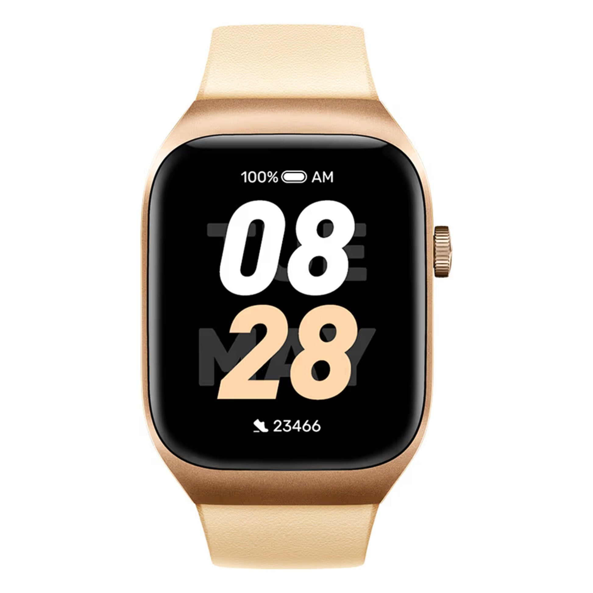 Mibro Se T2 smartur guld med beige rem, AMOLED-skærm viser 08:28, 100 batteri, 23.466 skridt, Bluetooth-opkald.
