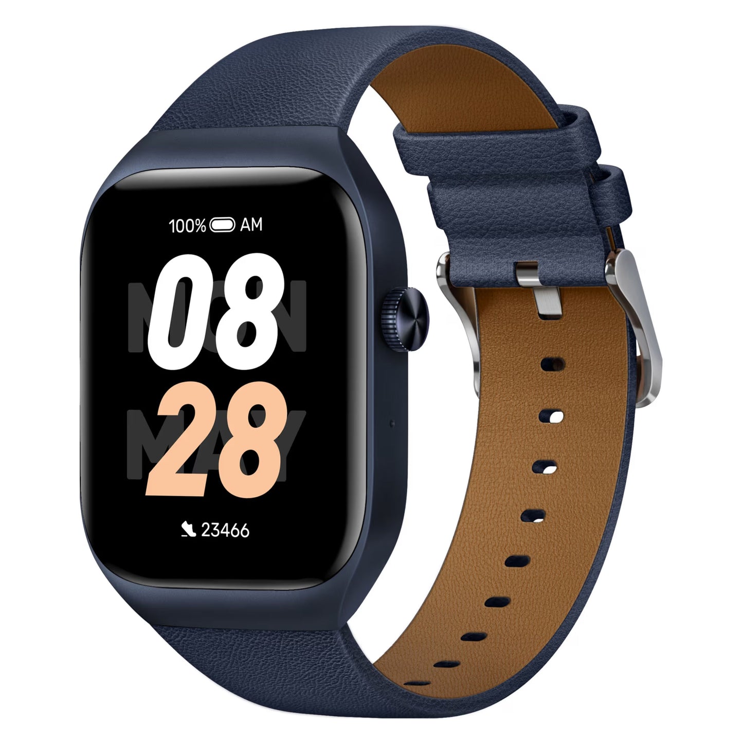 Mibro Se T2 smartwatch mørkeblå, AMOLED-skærm, blå læderrem, viser kl. 08:28, dato MON MAY, fuldt batteri, 23.466 skridt.