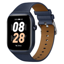 Mibro Se T2 smartwatch mørkeblå, AMOLED-skærm, blå læderrem, viser kl. 08:28, dato MON MAY, fuldt batteri, 23.466 skridt.