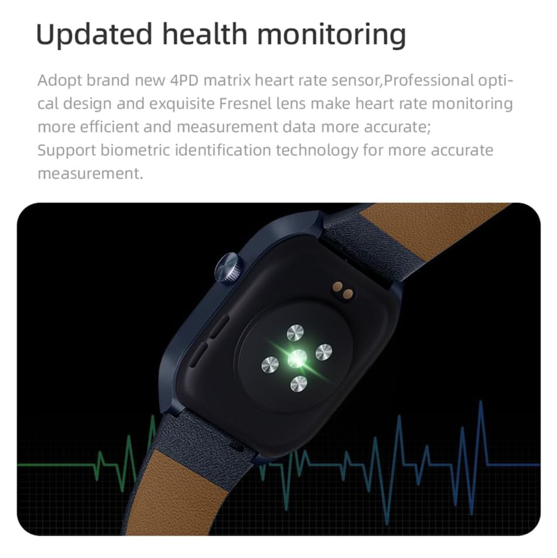 Mibro Se T2 smartwatch mørkeblå med grønne pulssensor-lys, waveform-grafik, tekst: AMOLED-skærm og 10 dages batteritid.