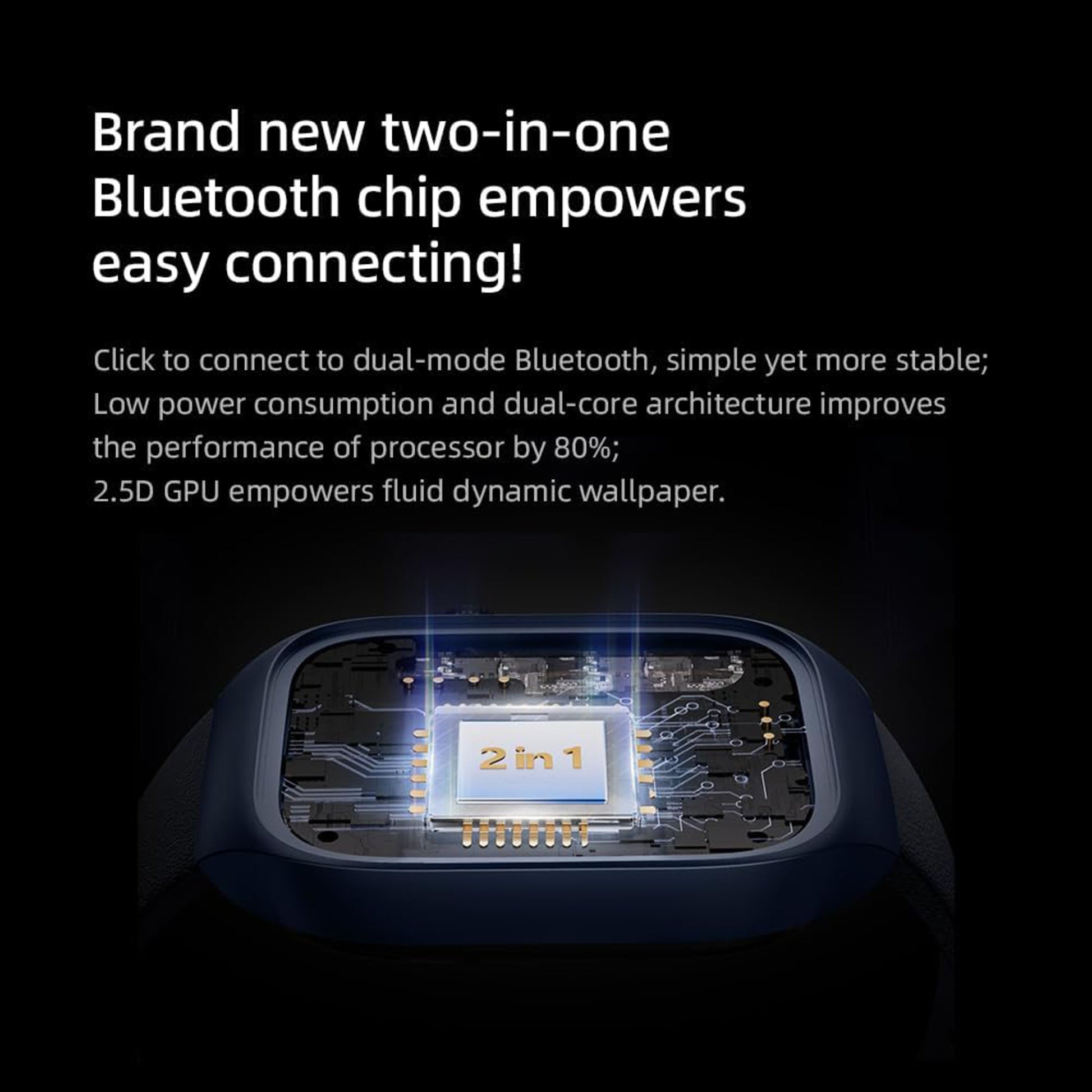 Mibro Se T2 smartwatch mørkeblå chip 2-i-1 design, synlige kredsløbsdetaljer, tekst: dual-mode Bluetooth, op til 10 dages batteritid.
