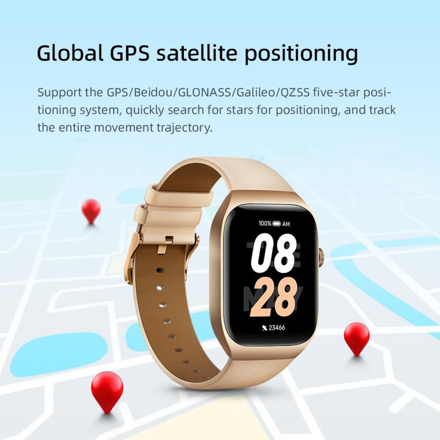 Mibro Se T2 smartwatch mørkeblå med AMOLED-skærm der viser tid og skridt, digitalt kort med røde GPS-markører i baggrunden.