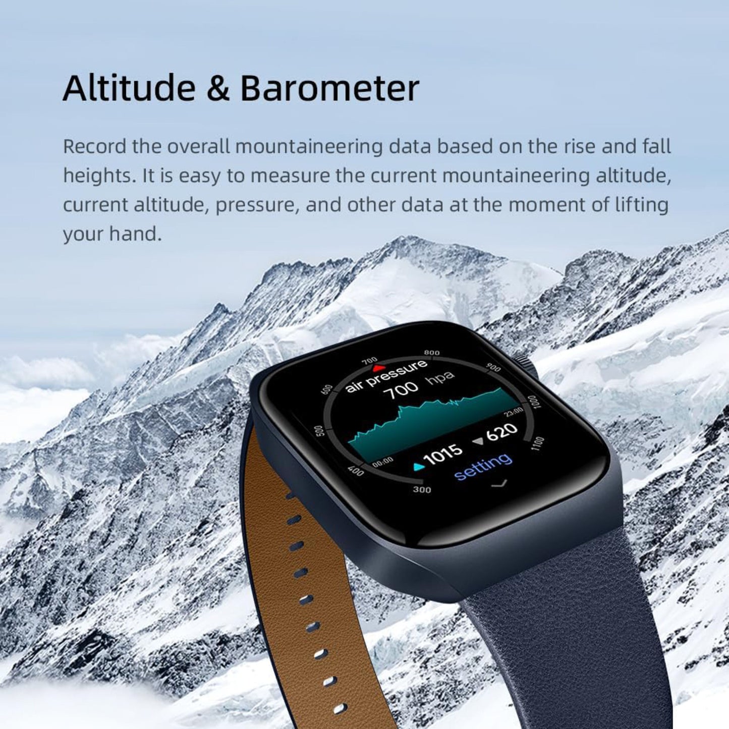 Mibro Se T2 smartwatch mørkeblå med AMOLED-skærm viser højde- og barometerdata, 10 dages batteritid.