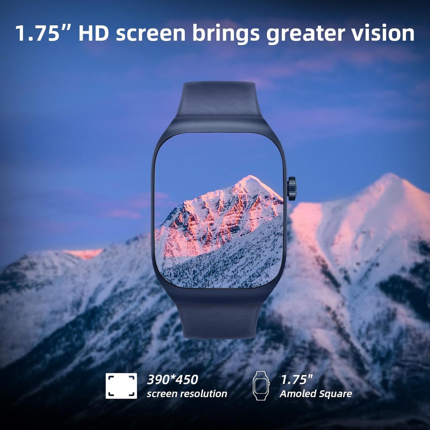 Mibro Se T2 smartwatch mørkeblå med 1,75" HD AMOLED-skærm, 390×450 opløsning, bjergmotiv og op til 10 dages batteritid.