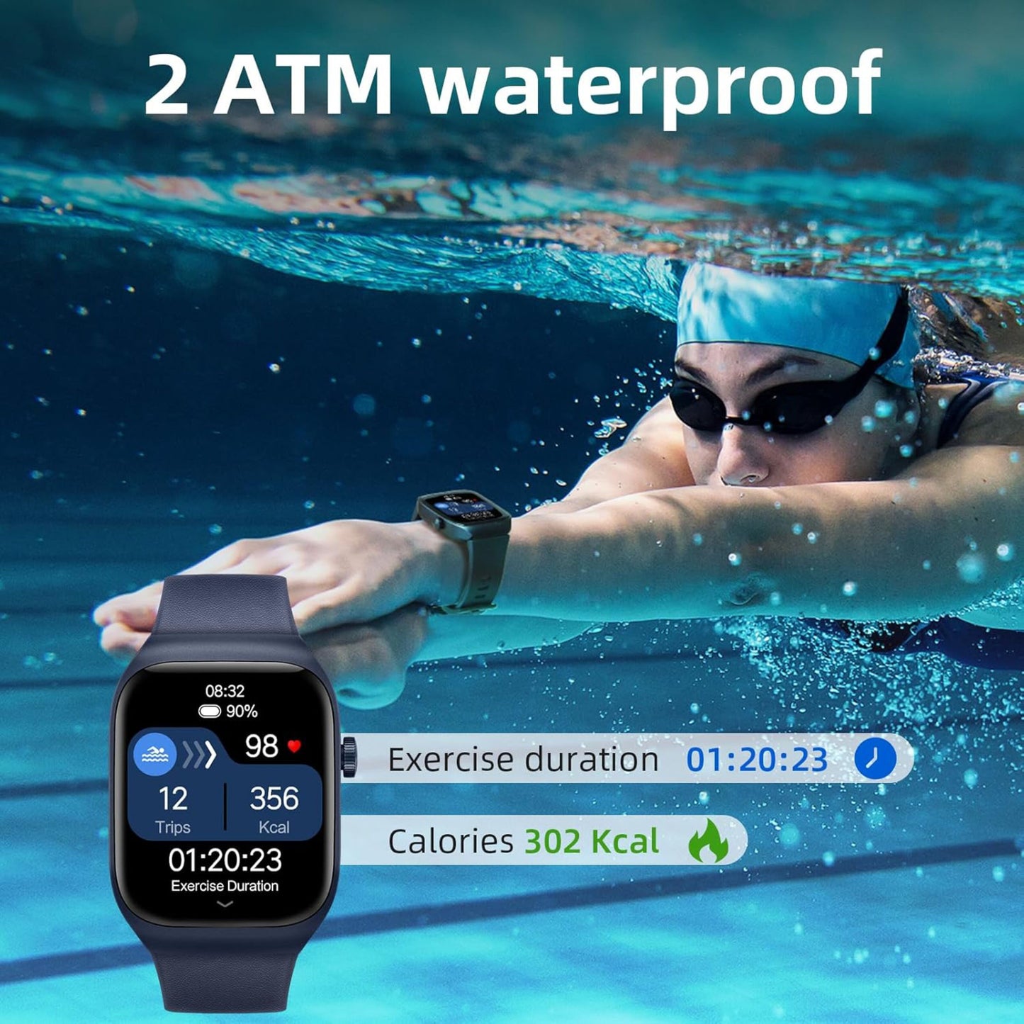 Mibro Se T2 smartwatch Mørkeblå med AMOLED-skærm, viser træningsdata, "2 ATM waterproof" synligt over displayet.