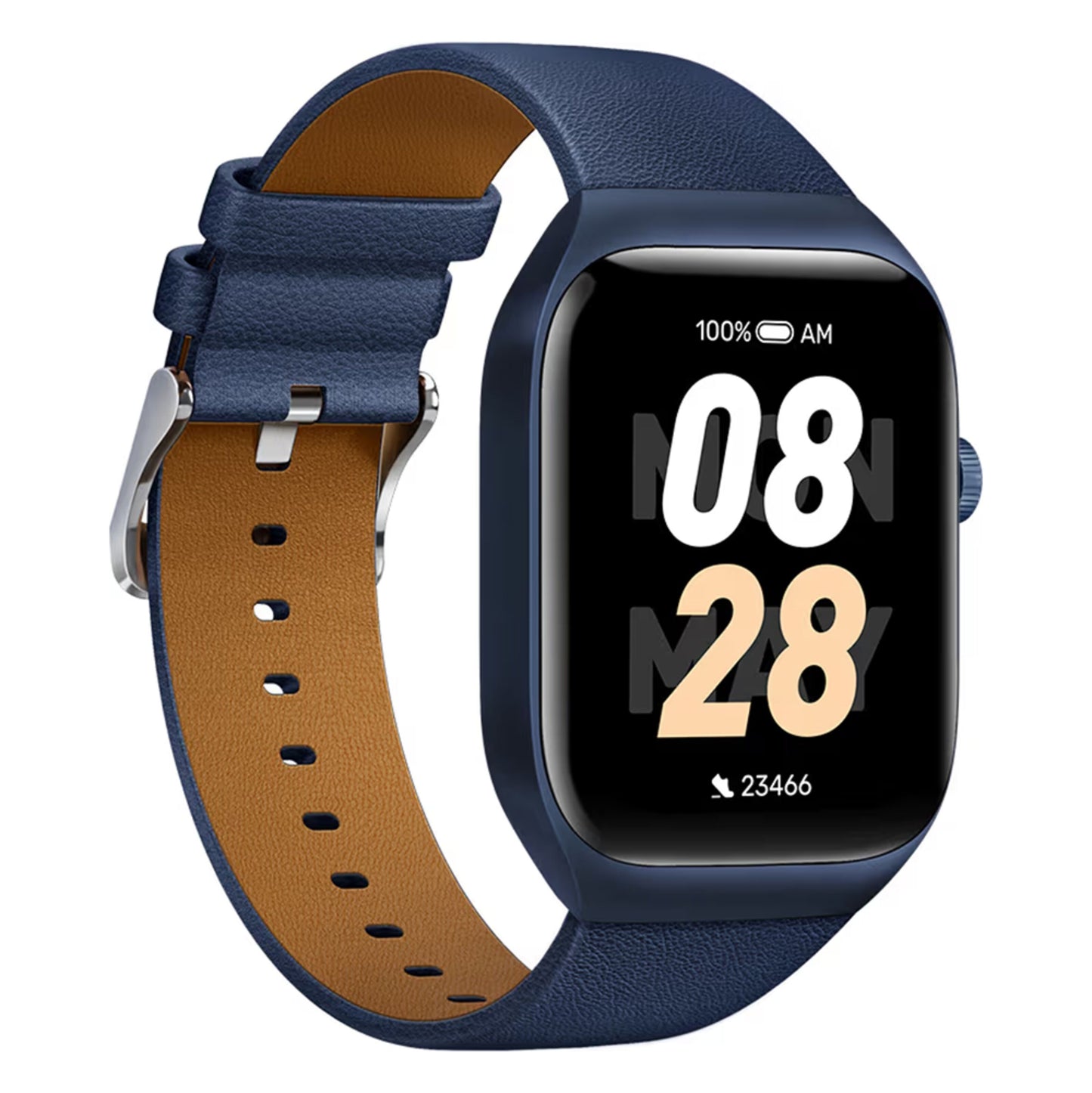 Mibro Se T2 smartwatch mørkeblå med blå læderrem, AMOLED display viser 08:28, 100 batteri, 23.466 skridt.