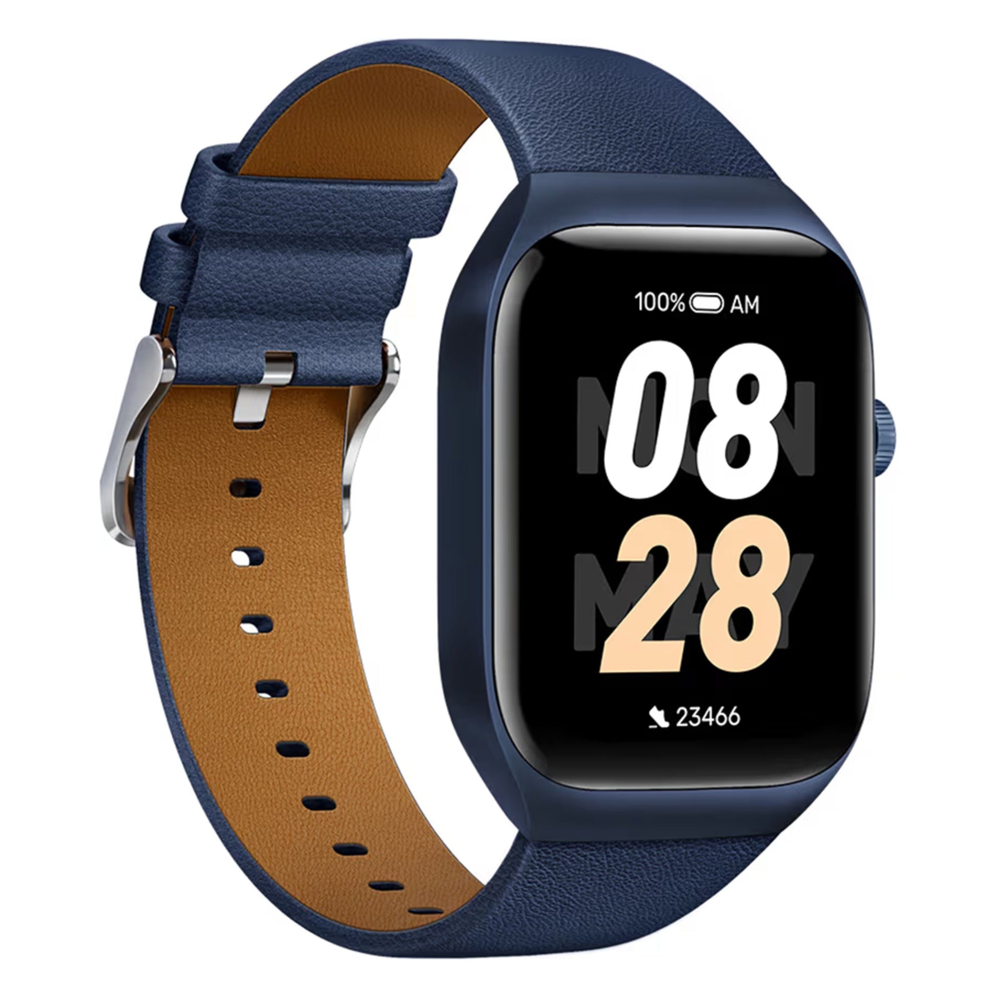 Mibro Se T2 smartwatch mørkeblå med blå læderrem, AMOLED display viser 08:28, 100 batteri, 23.466 skridt.