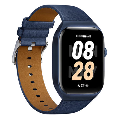 Mibro Se T2 smartwatch mørkeblå med blå læderrem, AMOLED display viser 08:28, 100 batteri, 23.466 skridt.