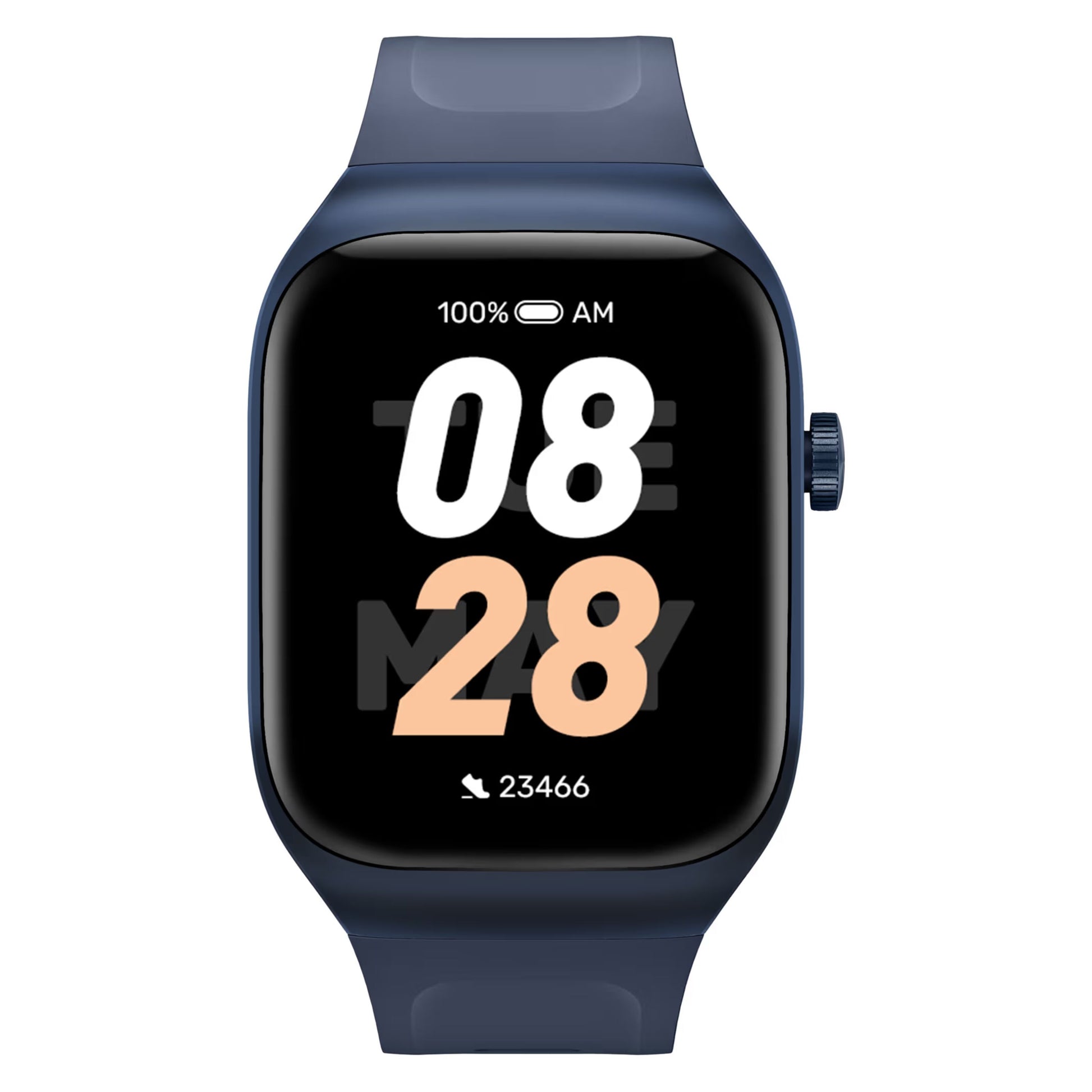 Mibro Se T2 smartwatch mørkeblå med AMOLED-skærm, viser 08:28, 100 batteri og 23.466 skridt, hvide/fersken tal.