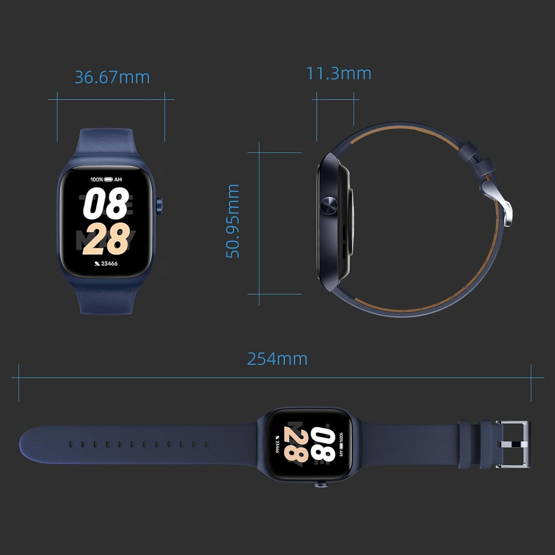 Mibro Se T2 smartwatch mørkeblå, AMOLED-skærm, 10 dages batteri, rem 254mm, måler 36,67x50,95x11,3mm, display viser 08:28.