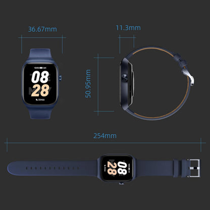 Mibro Se T2 smartwatch mørkeblå, AMOLED-skærm, 10 dages batteri, rem 254mm, måler 36,67x50,95x11,3mm, display viser 08:28.