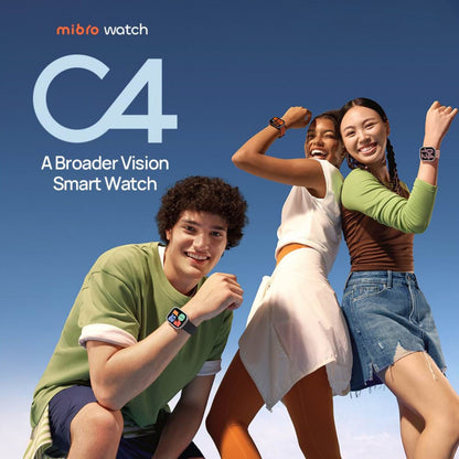 Mibro Se C4 smartur Sølv vises på håndled med farverige remme, tekst: Mibro Se C4 - Et smartur med en bredere vision.