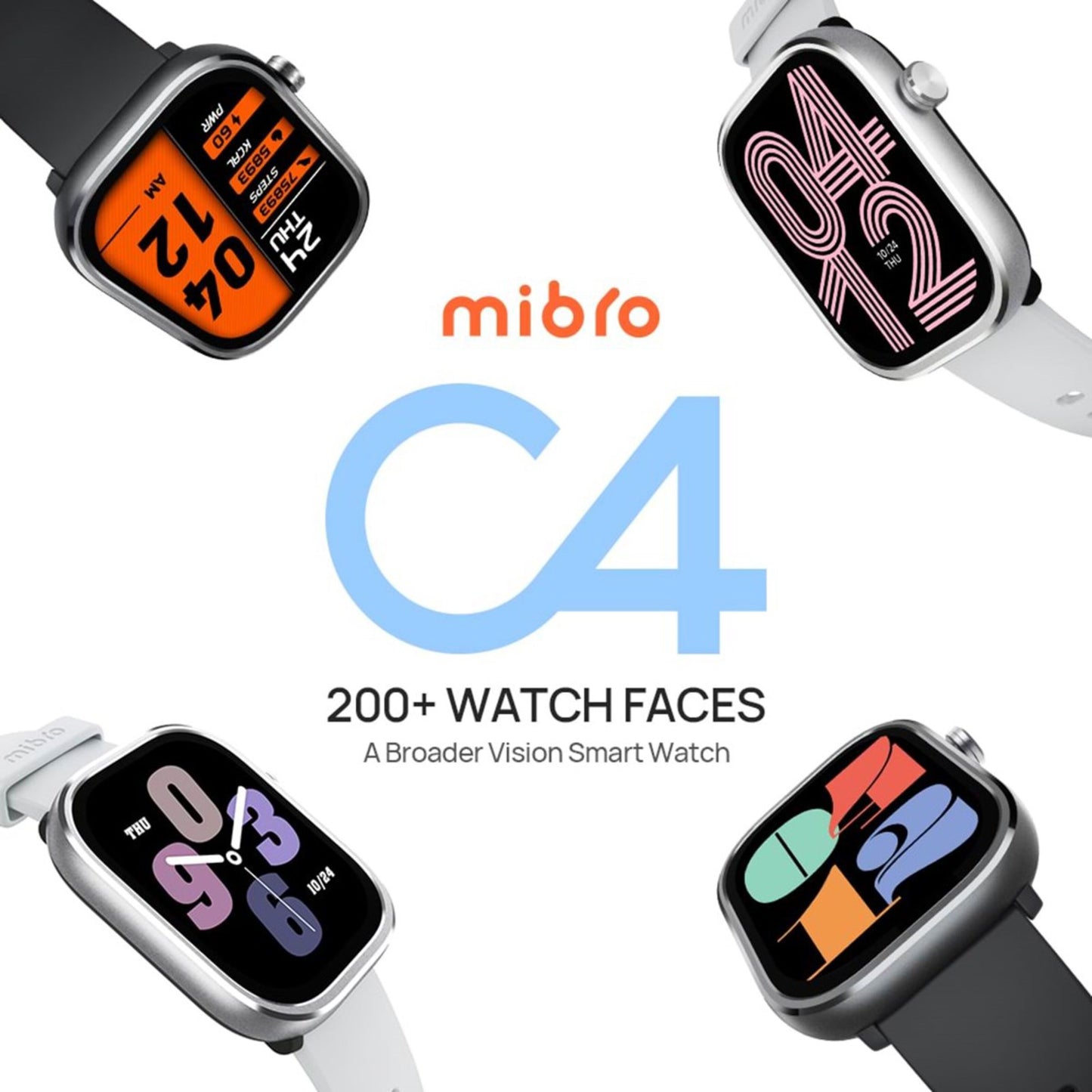Mibro C4 smartur sølv, fire ure med farvedisplay, teksten "C4" og "200+ Watch Faces" vises på billedet.