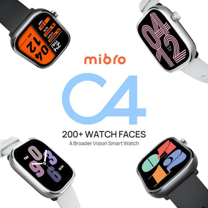 Mibro C4 smartur sølv, fire ure med farvedisplay, teksten "C4" og "200+ Watch Faces" vises på billedet.