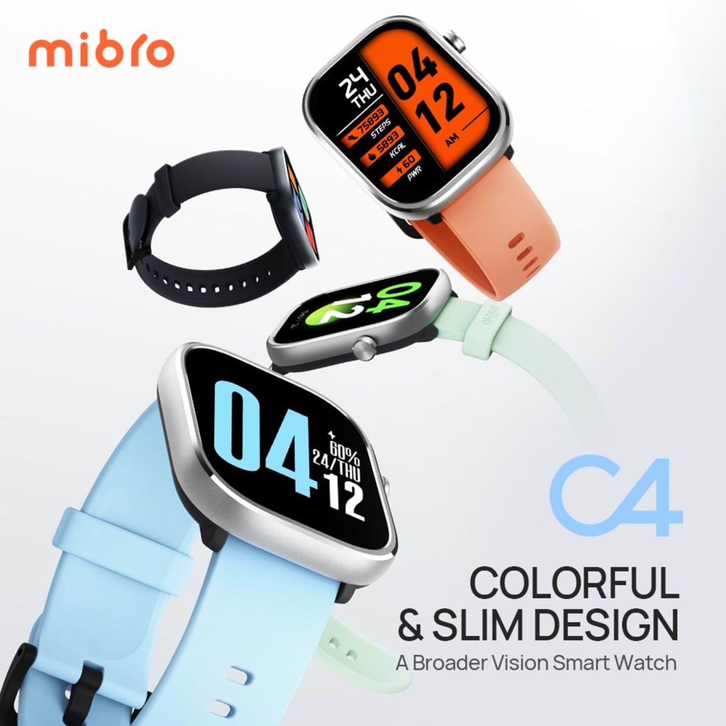 Mibro Se C4 smartwatches med orange, sort, mintgrøn og lyseblå rem, slank urkasse og farverige urskiver.