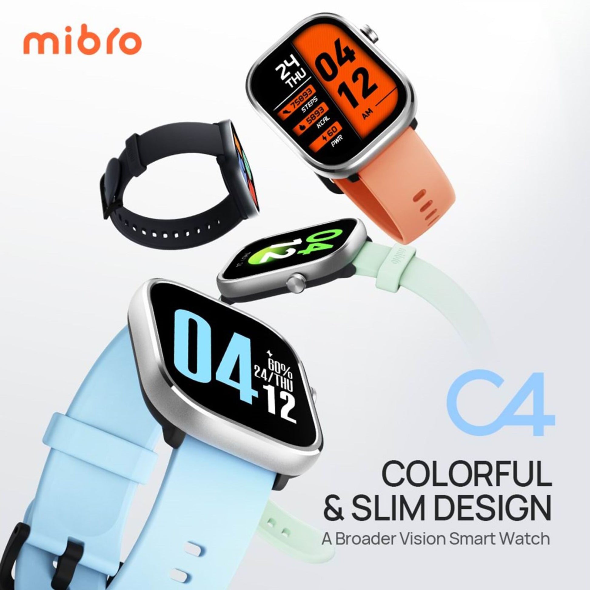 Mibro Se C4 smartwatches med orange, sort, mintgrøn og lyseblå rem, slank urkasse og farverige urskiver.