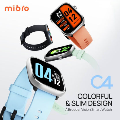 Mibro Se C4 smartwatches med orange, sort, mintgrøn og lyseblå rem, slank urkasse og farverige urskiver.