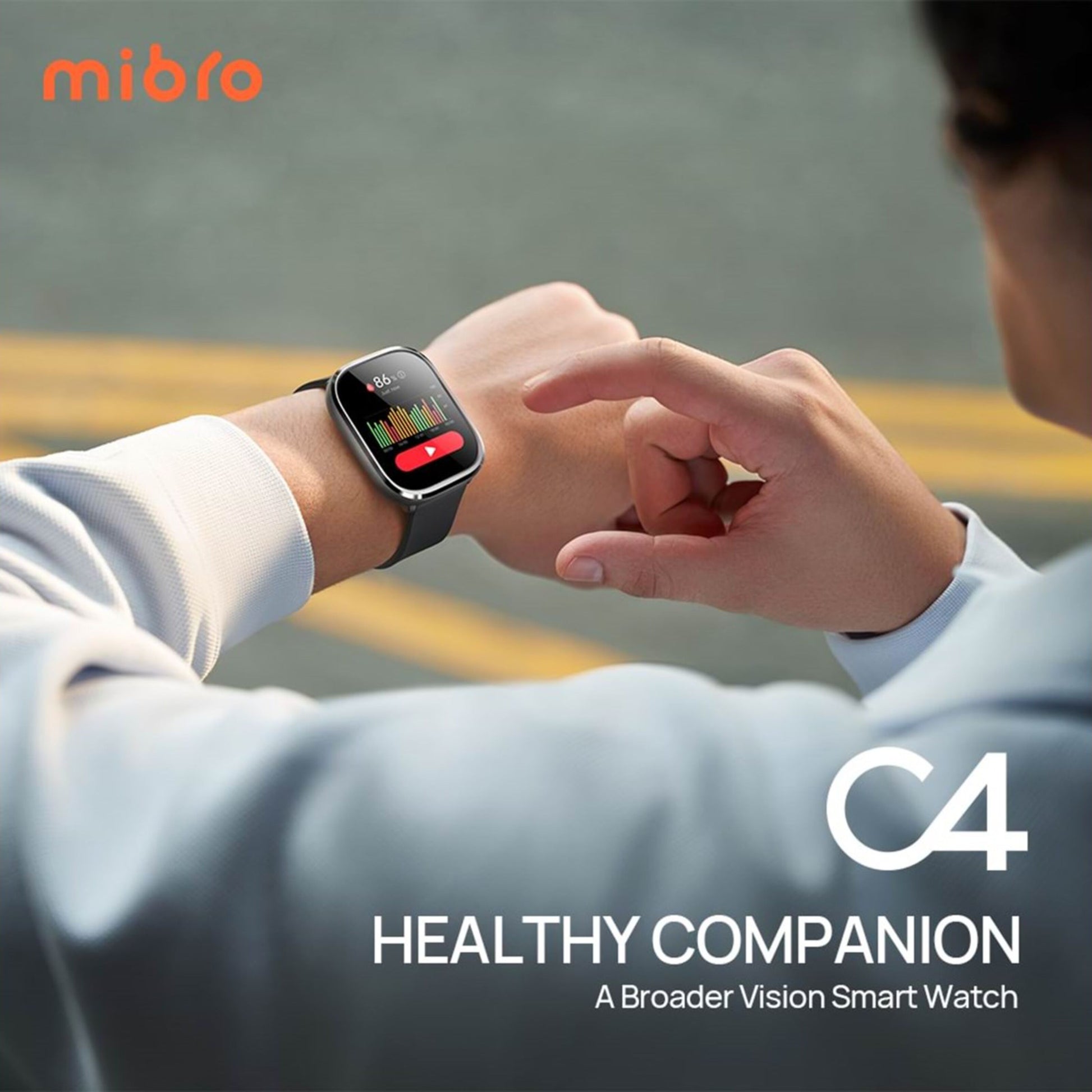Mibro Se C4 smartur Sølv visning af pulsgraf og sundhedsdata, tekst "C4 Healthy Companion: Et smart ur med en bredere vision.
