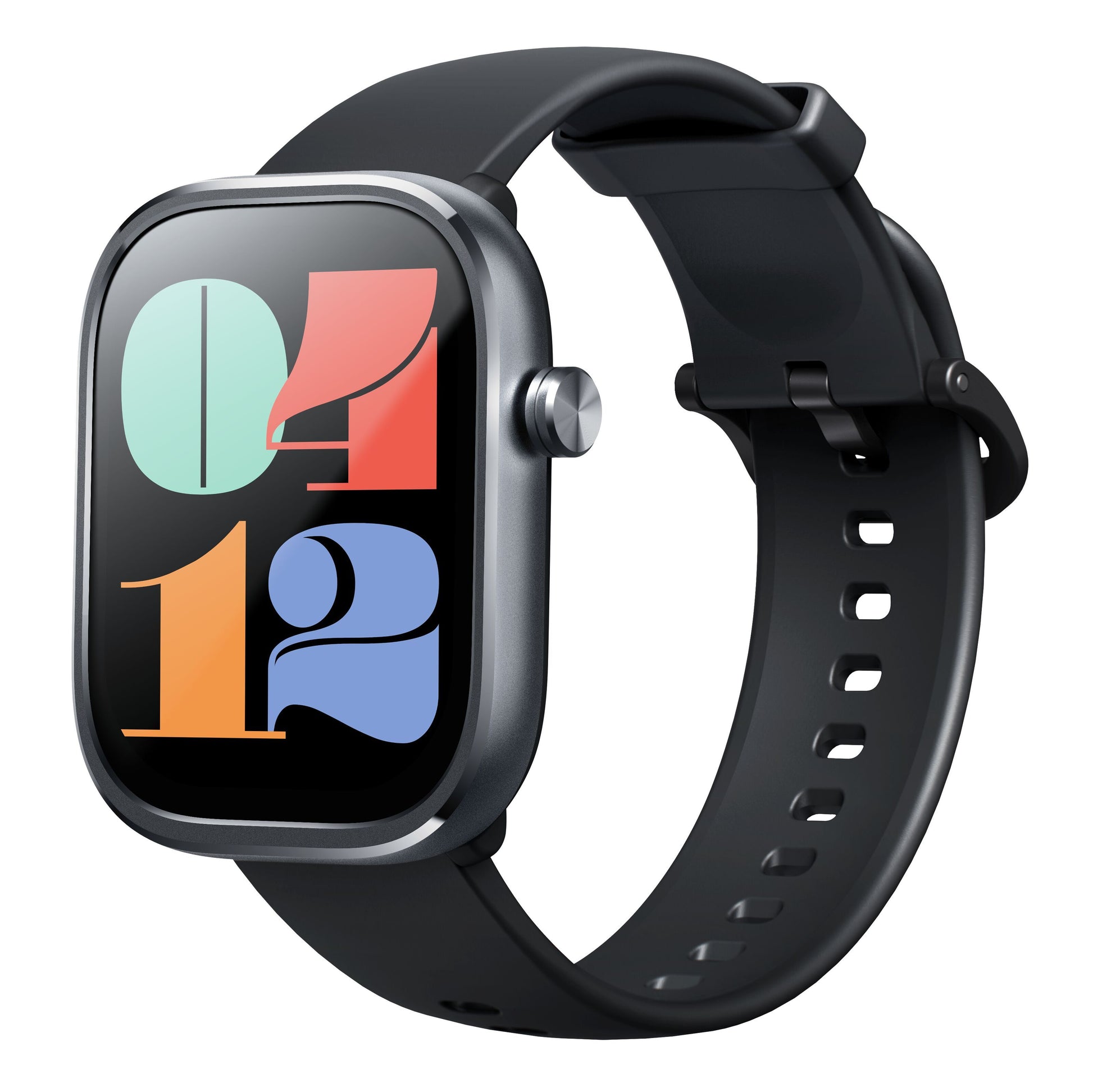 Mibro Se C4 smartwatch mørkegrå, rektangulær farverig skærm med store tal, sort silikonerem, sølv sideknap.