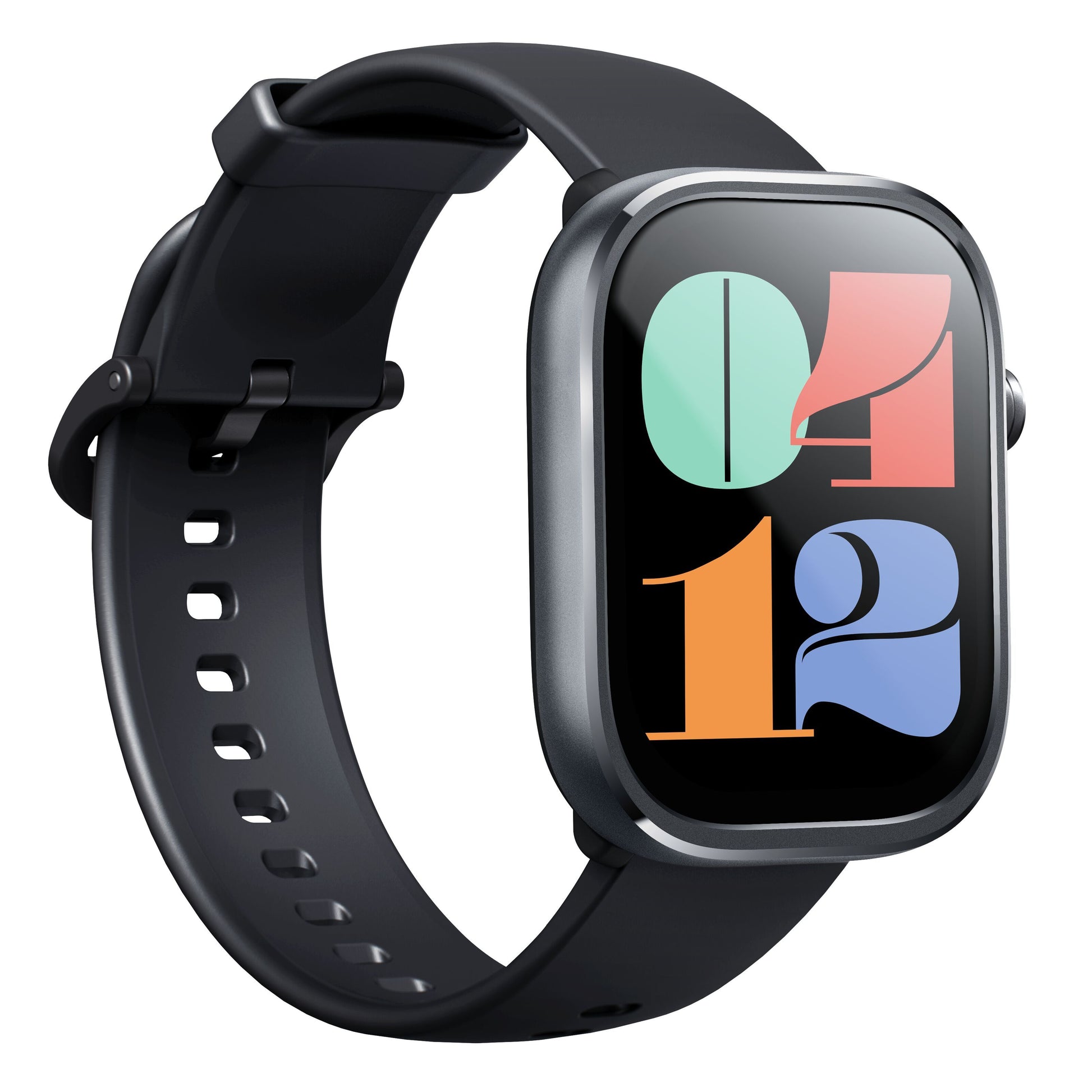 Mibro Se C4 smartwatch mørkegrå, sort rektangulært display med farvede tal og justerbar rem, lang batteritid.
