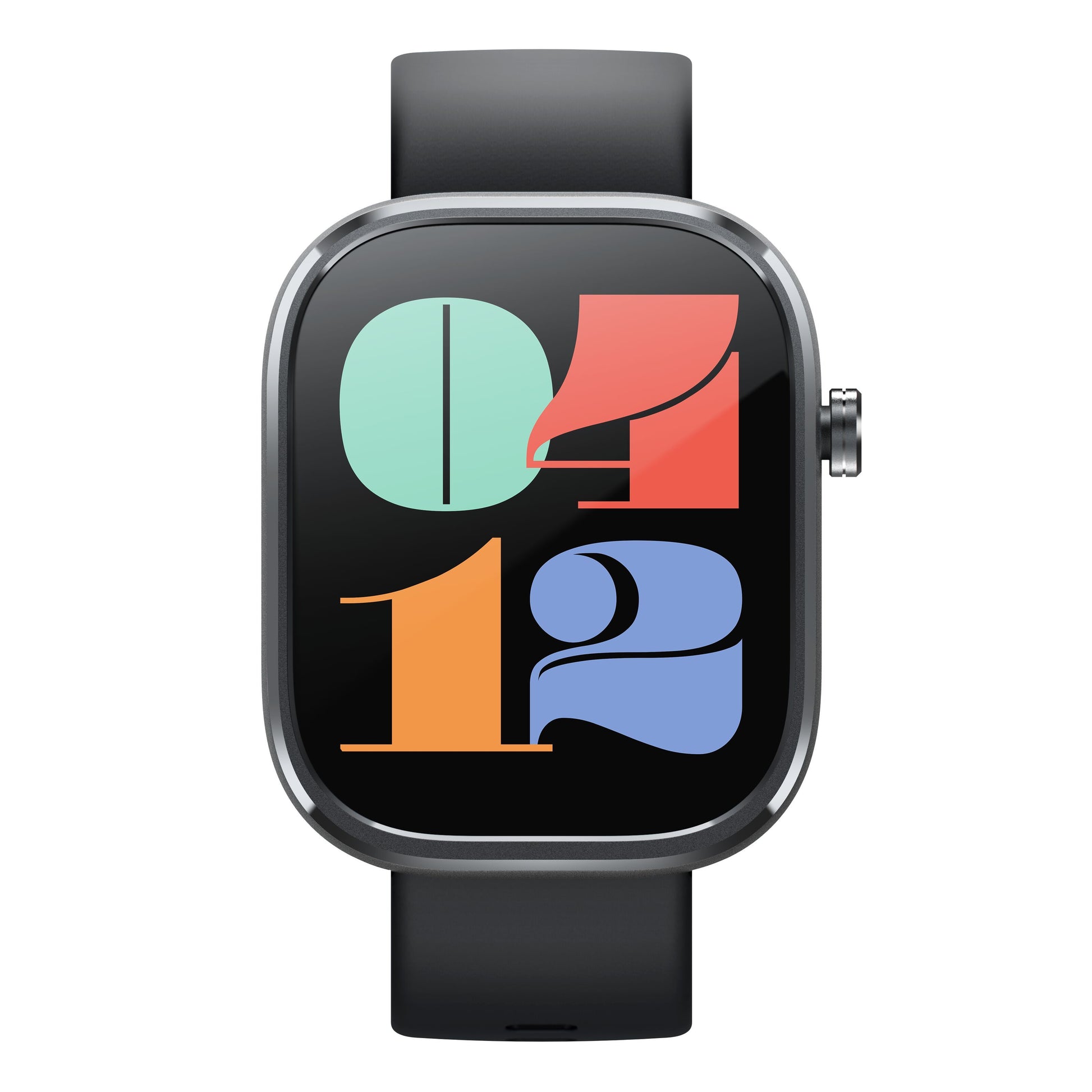 Mibro Se C4 smartwatch mørkegrå med farverig urskive, store tal og sort rem.