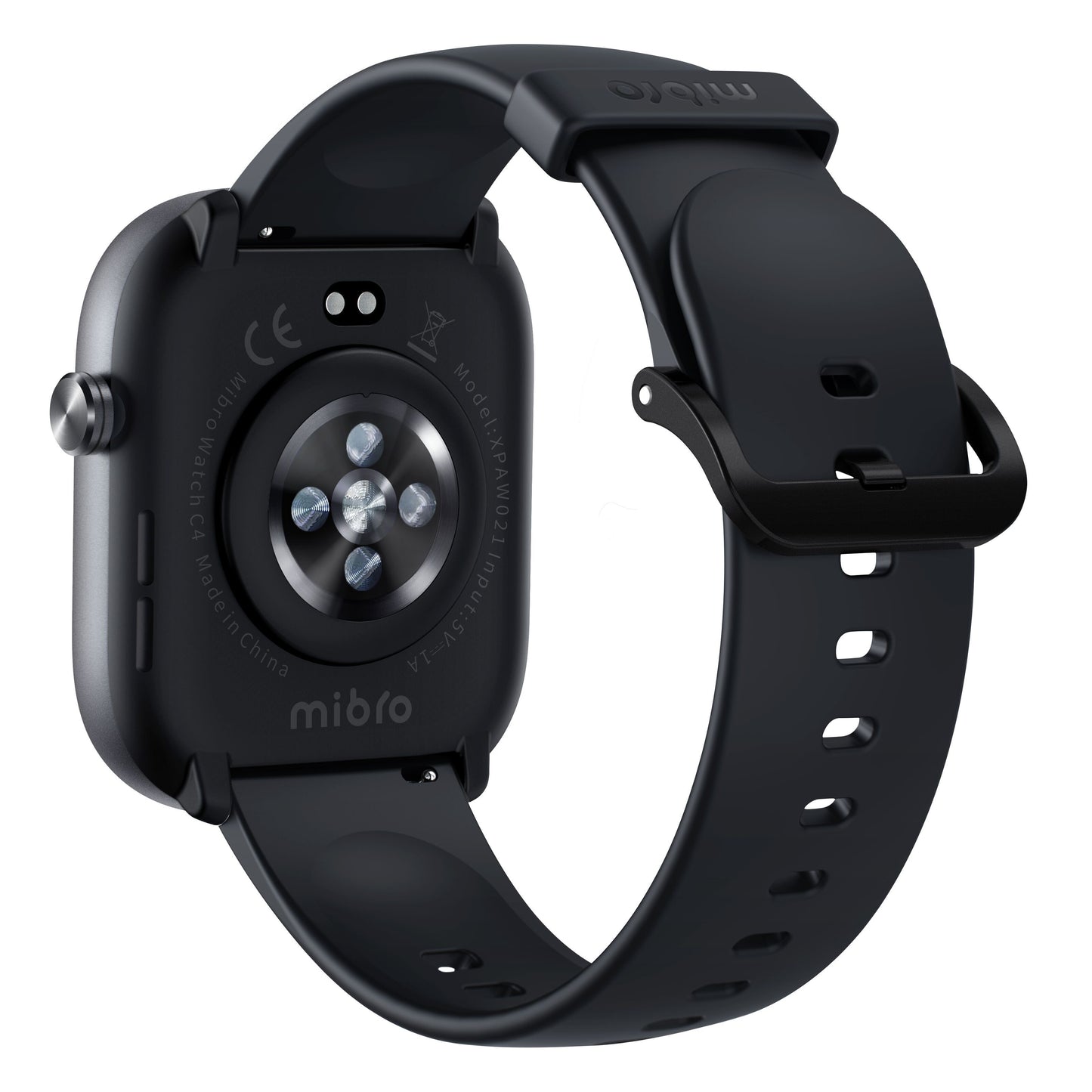 Mibro Se C4 smartwatch mørkegrå med sort silikonerem, synlige sensorer, spænde med huller, sundhedsovervågning, lang batterilevetid.