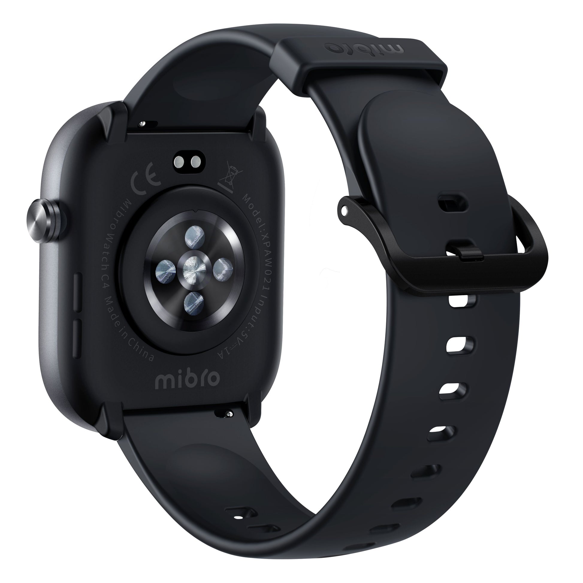 Mibro Se C4 smartwatch mørkegrå med sort silikonerem, synlige sensorer, spænde med huller, sundhedsovervågning, lang batterilevetid.
