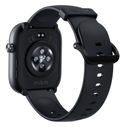 Mibro Se C4 smartwatch mørkegrå med sort silikonerem, synlige sensorer, spænde med huller, sundhedsovervågning, lang batterilevetid.